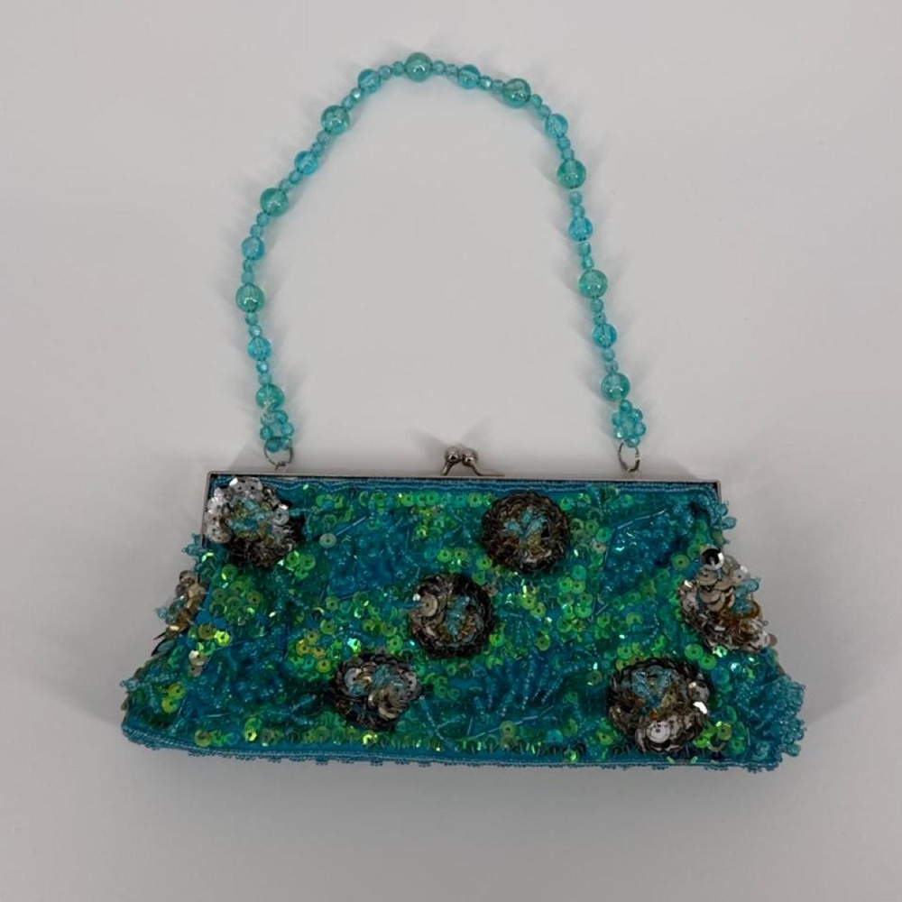 Handmade Beaded Purse Blue Sequin Metallic Fairy Kiss Lock Evening Bag